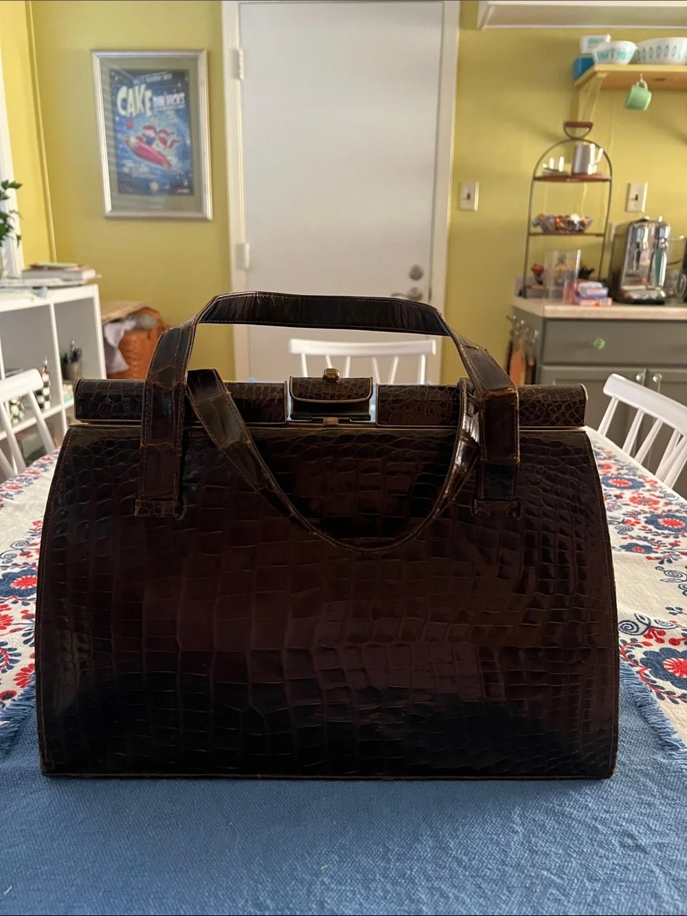 Classic Croc-Embossed Structured Top-Handle Bag in Dark Brown
